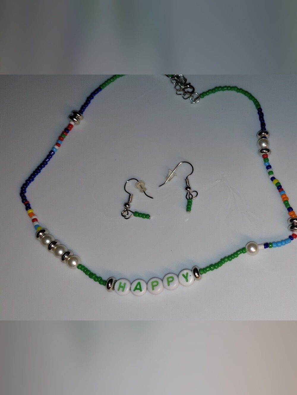 Happy Beaded Necklace and Earring Set - Multicolor Green Accent